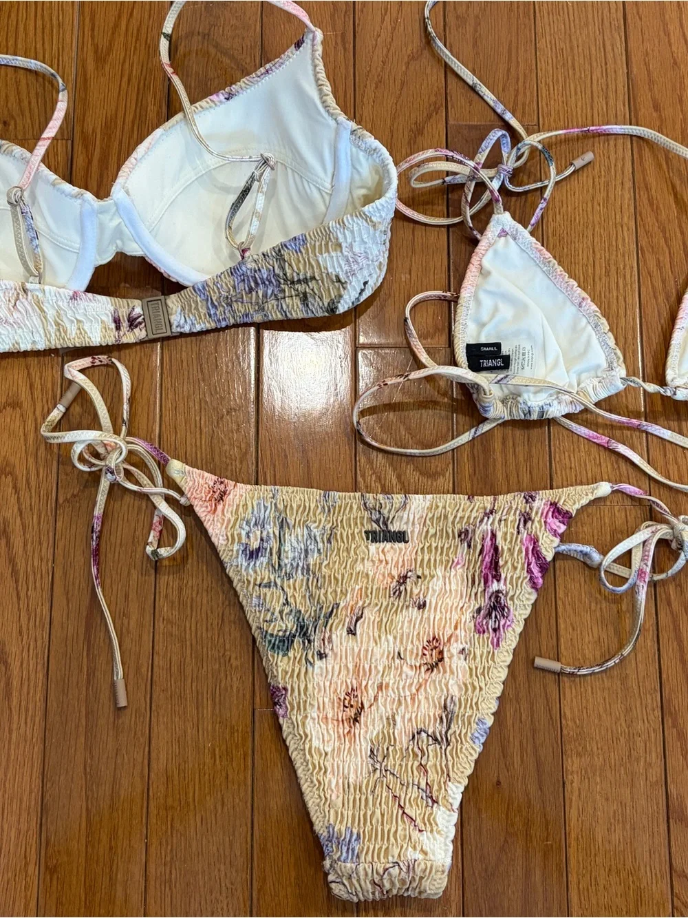 Triangl Floral Smocked 3 Piece Cream Bikini Set - Picture 4 of 4
